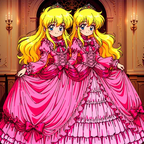 ((Lola.Girl's Book Story sdxl,retro anime,Hi Vision,)),Cute Princess, she's smiling,((pink silk satin victorian style large ball gown dress.:1.0)),baby-like face,short tall ,long sleeve,The dress is decorated with lots of ruffles and bows., have waist-leng...
