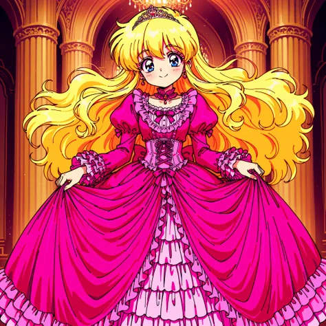 ((Lola.Girl's Book Story sdxl,retro anime,Hi Vision,)),Cute Princess, she's smiling,((pink silk satin victorian style large ball gown dress.:1.0)),baby-like face,short tall ,long sleeve,The dress is decorated with lots of ruffles and bows., have waist-leng...