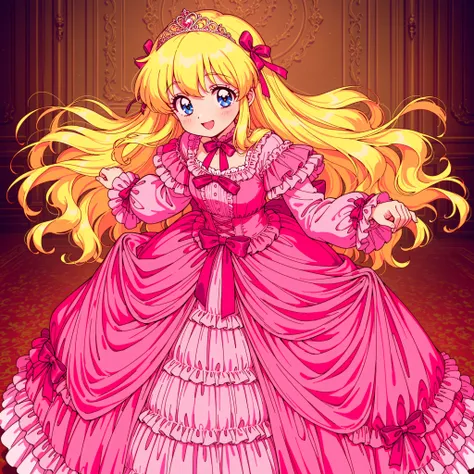 ((Lola.Girl's Book Story sdxl,retro anime,Hi Vision,)),Cute Princess, she's smiling,((pink silk satin victorian style large ball gown dress.:1.0)),baby-like face,short tall ,long sleeve,The dress is decorated with lots of ruffles and bows., have waist-leng...