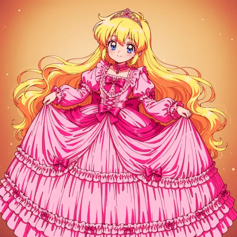 ((Lola.Girl's Book Story sdxl,retro anime,Hi Vision,)),Cute Princess, she's smiling,((pink silk satin victorian style large ball gown dress.:1.0)),baby-like face,short tall ,long sleeve,The dress is decorated with lots of ruffles and bows., have waist-leng...