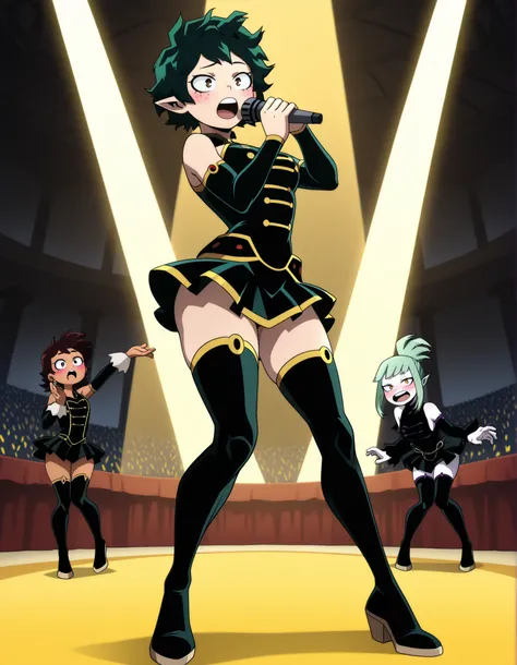 ((Highest Quality)), (great concert room background), (My hero academia style), (2girls), Amity Blight, large breast, thighs, hips, light pale-skinned light pale-skinned female, full body, My hero academia style, hips, thighs, (Mint green hair), golden yel...