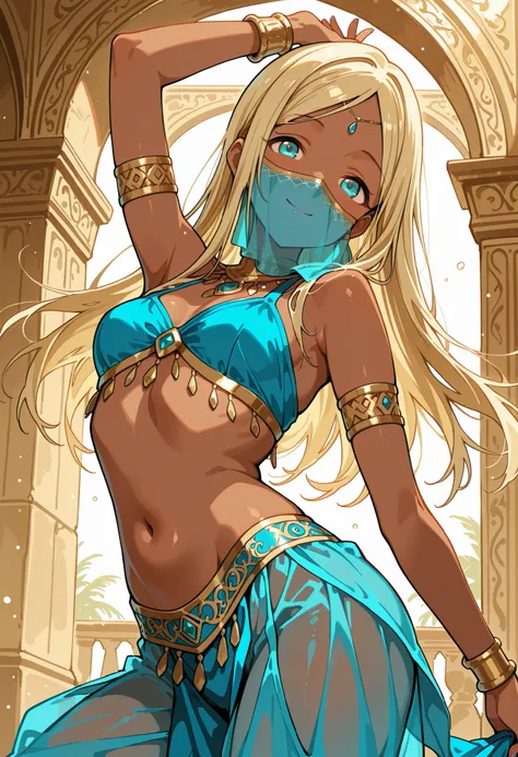 Score_9, score_8_up, score_7_up, source_anime, layla/(idolmaster/), solo, parted bangs, long hair, blonde hair, aqua eyes, dark skin, small breasts, (best quality), (high quality), {masterpiece}, extremely delicate and beautiful, ultra-detailed, beautiful ...