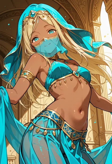 Score_9, score_8_up, score_7_up, source_anime, layla/(idolmaster/), solo, parted bangs, long hair, blonde hair, aqua eyes, dark skin, small breasts, (best quality), (high quality), {masterpiece}, extremely delicate and beautiful, ultra-detailed, beautiful ...