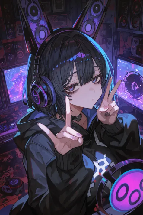Shape and background: A circular logo representing a girl,dark circles under the eyes, lack of sleep, gaming headphones with ears, showing the V gesture, in a gloomy room with a mess, depressive