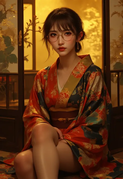 ((Highest Quality、masterpiece、high sensitivity、high resolution、Detailed Description、Delicate Face Description、Ｆvalue：6.0)),((Slender Woman、wearing glasses)),advanced digital art with bewitching images、Kimono、Beautiful legs、Sitting in a Japanese-style room、It's、Golden Screen、