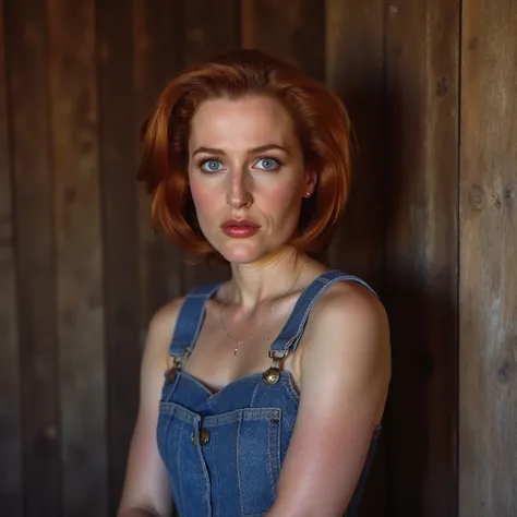 Softly lit portrait of Dana Scully standing against weathered wooden planks, (nude). topless beneath blue denim overalls with metal clasps at shoulder straps and front pocket. Red hair cascades down shoulders in gentle waves. Warm tones and soft focus evok...