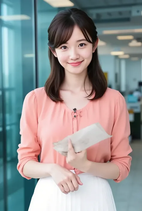 (((biologically accurate images)))、long black hair shaking their head and fluttering、wearing a salmon pink off-the-shoulder shirt、
white pleated skirt、wearing white high heels、in the broadcast studio's glass lobby、looks like she's reading seriously with a ...