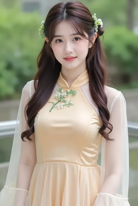 The image features a young woman dressed in a traditional-inspired outfit with a soft and elegant aesthetic. She wears a light golden-beige dress with a halter neckline, adorned with delicate floral embellishments at the collar. The dress has sheer, puffed...
