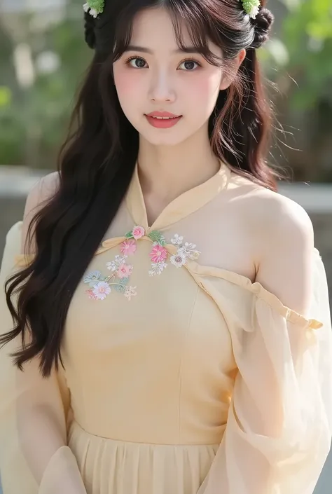 The image features a young woman dressed in a traditional-inspired outfit with a soft and elegant aesthetic. She wears a light golden-beige dress with a halter neckline, adorned with delicate floral embellishments at the collar. The dress has sheer, puffed...