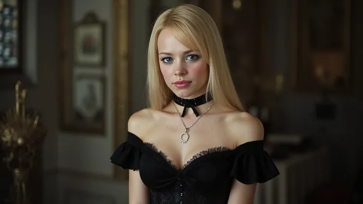 Create a photorealistic portrait of a stunningly beautiful Close-up blue eyes, blond young woman as a Ghotic courtesan 22 years old, with a sweet, girly appearance bearing a short off-the-shoulder black dress cinched with a black corset, fishnet tights, an...