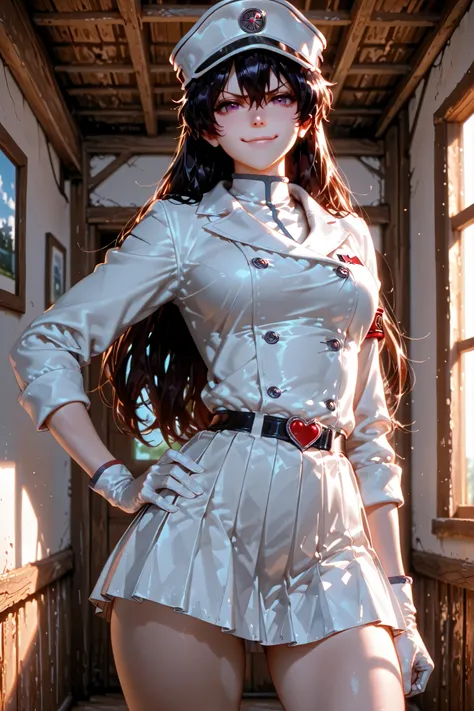 1 girl, bambietta basterbine, face sculpted with hyper-realistic details, pleated skirt, skirt, wandenreich uniform, hat, thighs, hair between eyes, v-shaped eyebrows, heart belt, gloves, military hat, military jacket, long hair, cap, eyelashes, belt, mili...