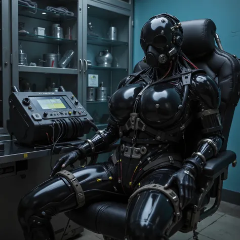 Masterpiece electro-bdsm photo, photorealistic portrait of ((((slightly muscular male bdsm rubber slave completely enclosed in black latex suit, gasmask with black visor and electro-bdsm-harness with many electrodes, plugs and electric wires, sitting bound...