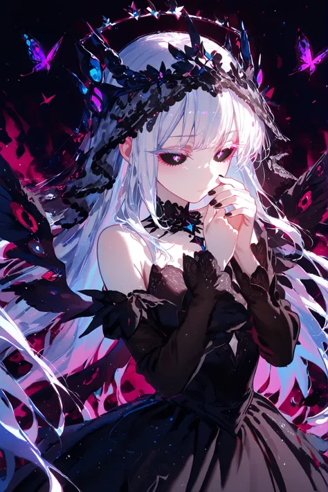 only 1 girl, long ultramarine hair, black lace veil, ultramarine eyes, black sclera, black diamond shaped pupil, Pale skin with matching pale Cherry Pink eyelashes, Her eyes are accentuated by elegant Pink eyelashes that shimmer in the light, black dress v...