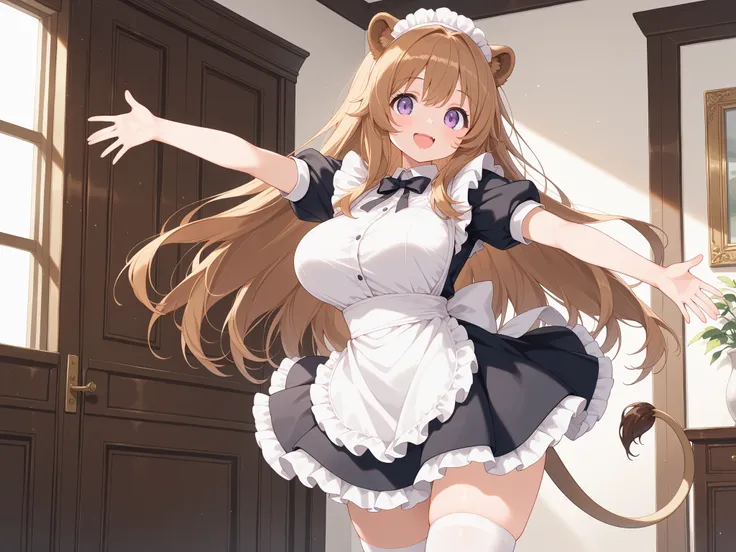 masterpiece, top quality, 1 woman, long eyelashes, cute style, maid, standing, brown hair, (random long hair:1.2), purple eyes, (tareme), (lion ears), ((lion tail)), (large breasts), pink lips, outstretched arms, right smile, open mouth, waving, white thig...