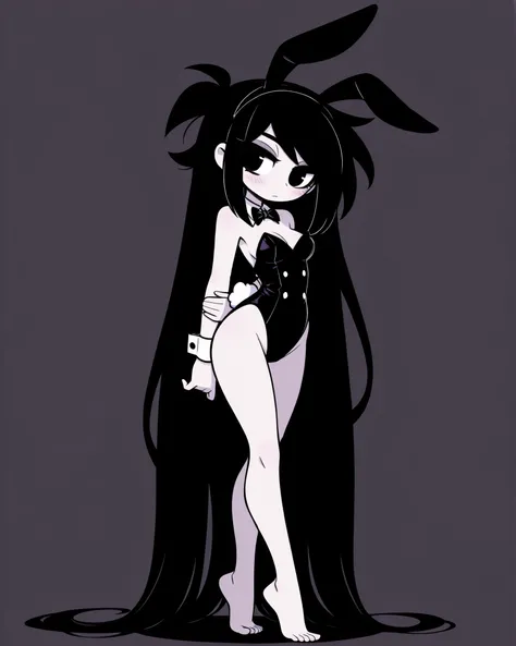 CartoonyIllustrious,stylized sensual girl, long flowing black hair, sultry look, barefoot standing on tiptoes, focus on elegant feet and legs, shojo playboy cover vibe, solid muted pastel background, high quality