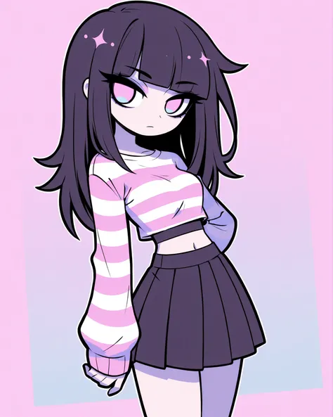 CartoonyIllustrious,shojo style girl with long dark hair and bangs, eyeliner accentuating big eyes, confident pose, wearing trendy urban fashion (striped sweater, crop top, pleated skirt), pastel goth aesthetic, solid color background, clean lineart, moder...