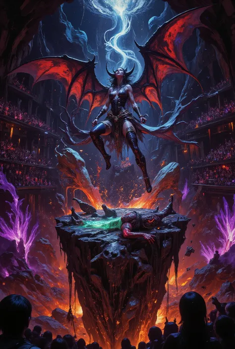 cinematic dynamic action shot, "Hell Idol Agency" live concert finale, on a jagged stage floating over a lake of lava. The lead singer, a powerful succubus idol with obsidian horns and iridescent bat-like wings, is captured mid-air, belting a high note. He...