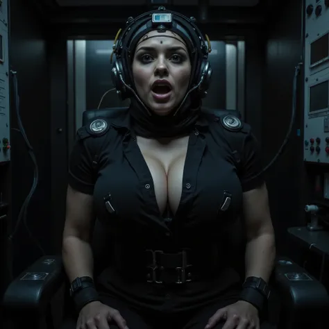 (((ultra sharp cinematic photo, photorealistic [close up] portrait))) young beautiful evil Adria Arjona (((looking into camera))), ((((((very wide open eyes, looking shocked scared upset in panic into camera, distorted face, wide open mouth, close up))))))...