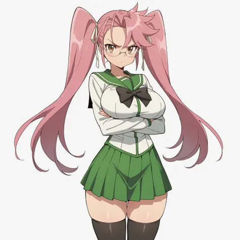 masterpiece, ultra-HD, impressionism, high detail, best quality, very aesthetic, 8K, best quality, beautiful, ultra-high resolution, 32K UHD, 1girl, solo, saya takagi, long hair, ribbon, twintails, brown eyes, eyelashes, hair ribbon, pink hair, glasses, hu...