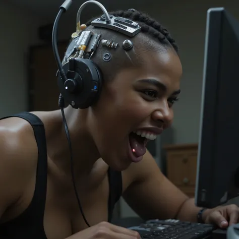 (((ultra sharp cinematic photo, photorealistic close up portrait))) of young beautiful (((fullbreasted))) blackskinned ((Alexandra Shipp)), (((looking into camera))), ((((((looking lunatic, insane, mad, crazy, convulsed distorted face, open mouth, crazy hy...