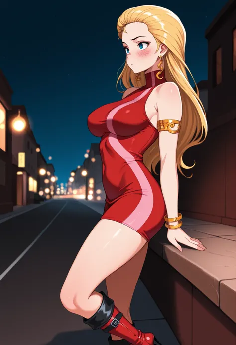 1girl, solo, night street, large breasts, blush, bdc0n, blonde hair, hair slicked back, long hair, blue eyes, earrings, turtleneck dress, red dress, pink stripe, sleeveless, armlet, bangle, short dress, knee boots, high heel boots, red footwear, masterpiec...