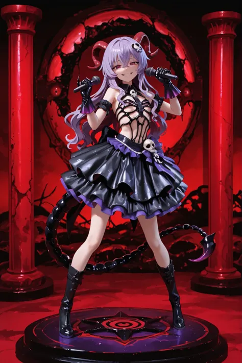 Devil girl. Lavender hair. Long hair. Wavy hair. Hair accessory. Goat horns. Purple color-shifting eye. Third eye. Large eye. Grinning face. Black costume. Idol dress. Spiky decoration. Black gloves. Clawed gloves. Black metallic ribs. Skull accessory. Sco...