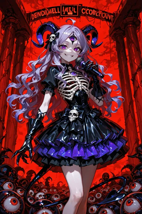 Devil girl. Lavender hair. Long hair. Wavy hair. Hair accessory. Goat horns. Purple color-shifting eye. Third eye. Large eye. Grinning face. Black costume. Idol dress. Spiky decoration. Black gloves. Clawed gloves. Black metallic ribs. Skull accessory. Sco...