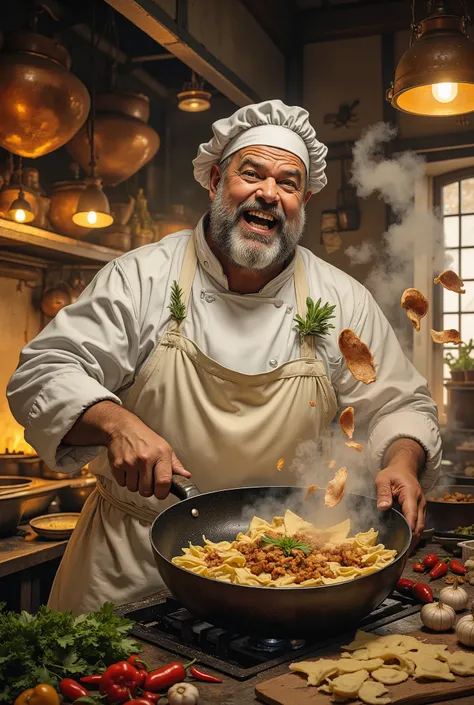 A dynamic, cinematic, over-detailed, photorealistic shot of an unsurpassed Italian chef in his element.
The chef is a burly and short Italian man in his 50s with a gorgeous, expressive face. He has a thick beard streaked with gray, a shiny bald spot, and...