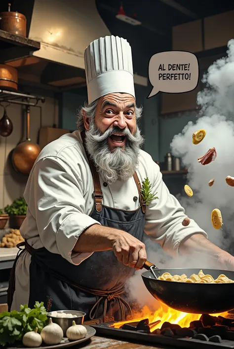 A dynamic, cinematic, over-detailed, photorealistic shot of an unsurpassed Italian chef in his element. The chef is a burly and short Italian man in his 50s with a gorgeous, expressive face. He has a thick beard streaked with gray, a shiny bald spot, and b...