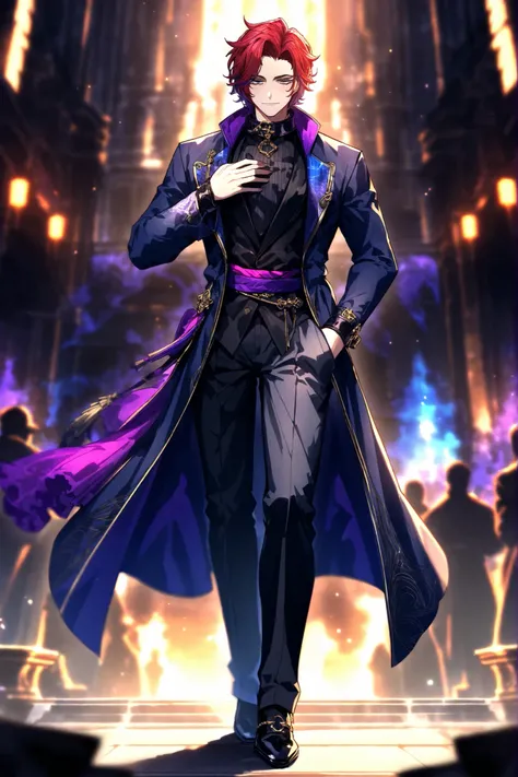 A slim Male figure stands adorned in a visually striking outfit that combines elements of fantasy and futuristic design. Their attire is dominated by a long, flowing black and blue coat with luxuriant,, fluffy blue trim along the collar and cuffs, adding a...