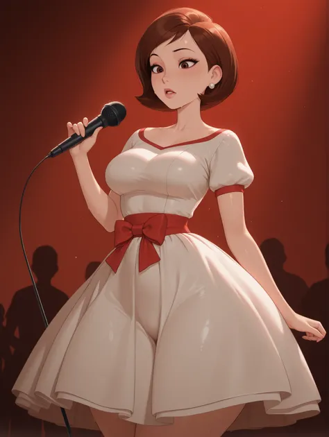 Helen Parr , mature female, hair, Bob_cut, brown hair, brown eyes, big eyes, long eyelashes, medium breasts, narrow waist, thick thighs, huge hips, fair skin, thin hands, earrings, makeup, pink lips, lipstick.| masterpiece, very aesthetic, absurdres, sinfu...