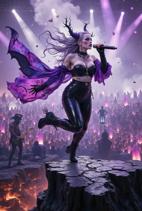 cinematic dynamic action shot, "Hell Idol Agency" live concert finale. A breathtakingly sexy succubus idol, the lead singer, is the focal point. She has a perfect curvaceous figure, pale lavender skin that glistens with a sweat-like sheen, and long shimmer...