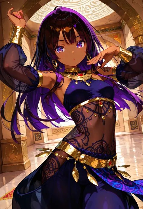 1 female, youth, arabian, dark brown skin female, dark  black color hair, long hair, dark purple color eyes, served,  temptation , provocative , ethnic patterns tattoo,full-body tattoo, dancing, see through wear, looking at viewer, saloon,