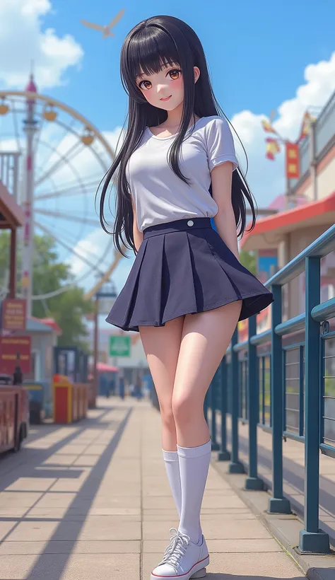 high school girl standing at an amusement park、cute like an idol、Female high school student dressed like a cute idol、Short sleeve cute summer clothes、mini skirt、knee-high socks、Long Black Hair、smiling、full body view