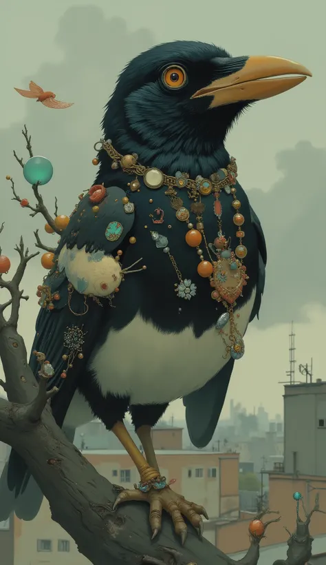 and various jewels, ユニークな造りの巣にMagpie が堂々creates a dazzling scene under a cloudy sky, The beads, Strands. bird, teeth光を捉え、twigs adorned with countless shiny objects, including, teeth鋭い目で周囲を見渡しているようです. 巣teeth折衷的なコレクションです, , this configuration is whimsical It...