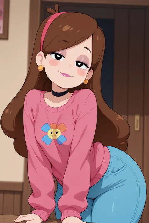 Mabel Pines, blush stickers, brown hair. black eyes. half-closed eyes, small breasts, huge hips. long eyelashes, choker. | 1girl,solo,mm,mature female, earrings,lipstick,anime coloring, pink sweater,pants,looking at viewer, smile,indoors,masterpiece,best q...