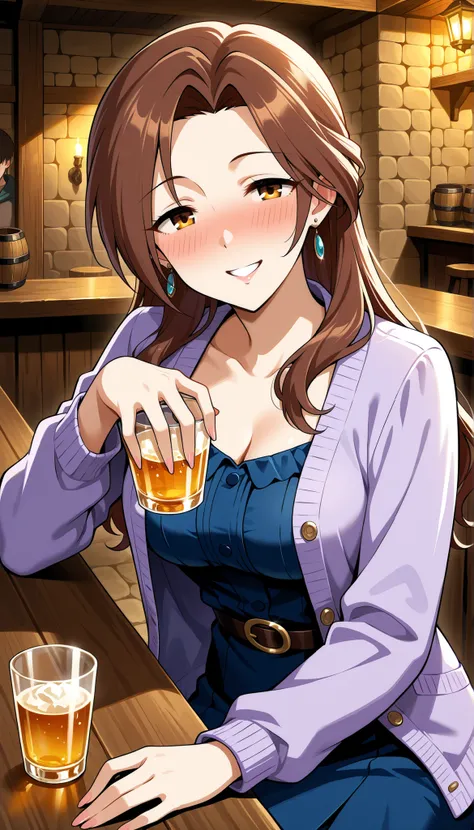 kawashima_mizuki, brown hair,long hair,parted bangs,tareme , medium breasts,Drinking at a tavern, getting drunk, smiling, blue dress, purple cardigan, Ulchan-6500-v1.1, ( RAW photos :1.2), beautiful detailed , very detailedな目、beautiful eyes, beautiful eye...