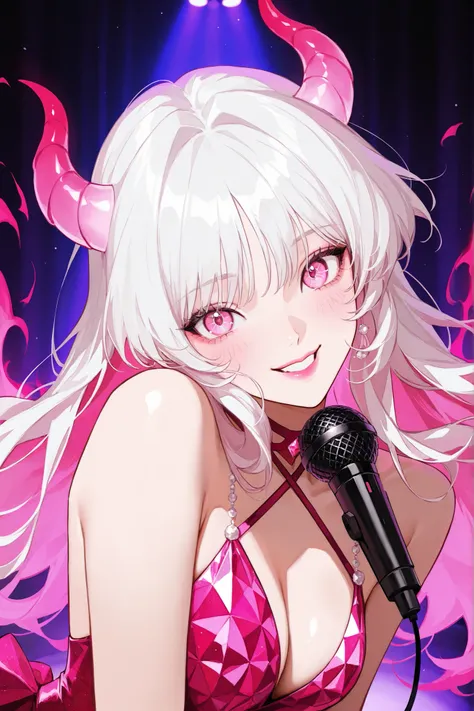 Excellent quality, overdetail, Studio photo, харизматичная k-pop звезда, , flowing white hair, fascinating ruby eyes, unique iris pattern, expressive plump lips, happy smile, Blush on the cheeks, little horns on her head, red aura, pink-purple lighting, el...