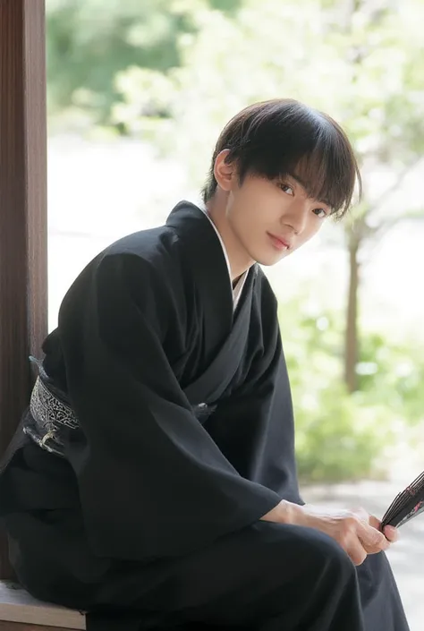 a man dressed in traditional Japanese attire, specifically a black kimono with a wide, flowing obi belt. He is seated outdoors, leaning slightly forward with one hand resting on his knee and the other holding a fan. The background features a natural setting with greenery and a wooden post, suggesting a serene, possibly garden-like environment. The camera angle is slightly upward, capturing the subject from a side view with a focus on his attire and the surrounding scenery.
