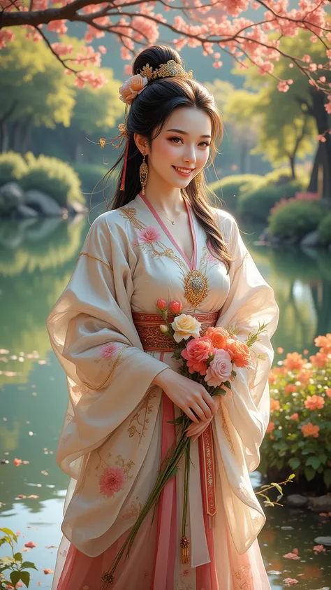 a smiling chinese woman wearing hanfu, jewelry, and flowers, standing by a lakeside, beautiful landscape, detailed facial features, intricate hanfu, elegant flowing dress, shimmering jewelry, vibrant flowers, serene lake, lush greenery, warm sunlight, photorealistic, highly detailed, 8k, hdr, studio lighting, physically-based rendering, portrait, traditional chinese art