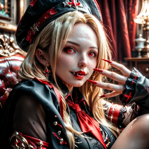 Very High resolution,cute anime-style,masterpiece,best quality,amazing quality,hyper-detailed,very aesthetic,from below,from side,Late at night,The Oval Office in the White House,A female vampire sitting in a chair,(Mature:1.3),(Mature:1.3),A black and red...