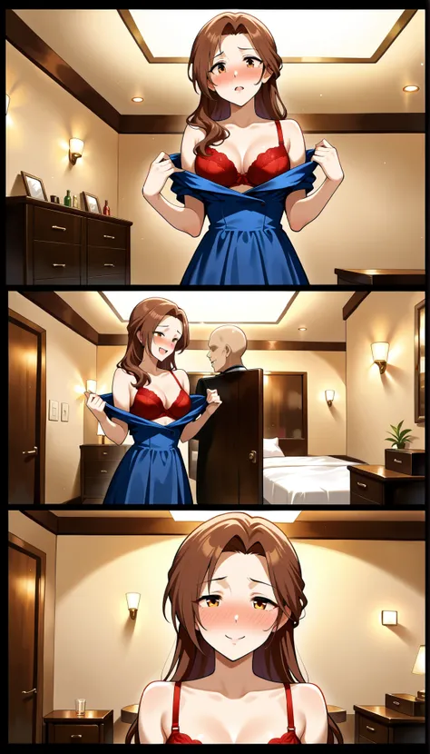 kawashima_mizuki, brown hair,long hair,parted bangs,tareme , medium breasts,(((Affair with a bald man))),hotel room,Shame,blush, getting drunk, blue dress, red bra,Undressing, Ulchan-6500-v1.1, ( RAW photos :1.2), beautiful detailed , very detailedな目、beau...