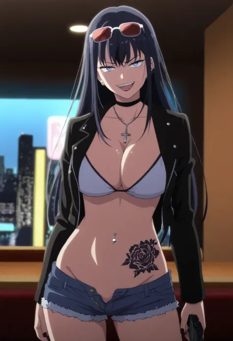 masterpiece, best quality, amazing quality, depth of field,  long hair, black hair, dark blue eyes,  red lipstick, , solo,nail polish , , makeup , ear piercing , long hair , lipstick , Hot girl , baddie , smoking , sensual , attractive , choker , cross nec...