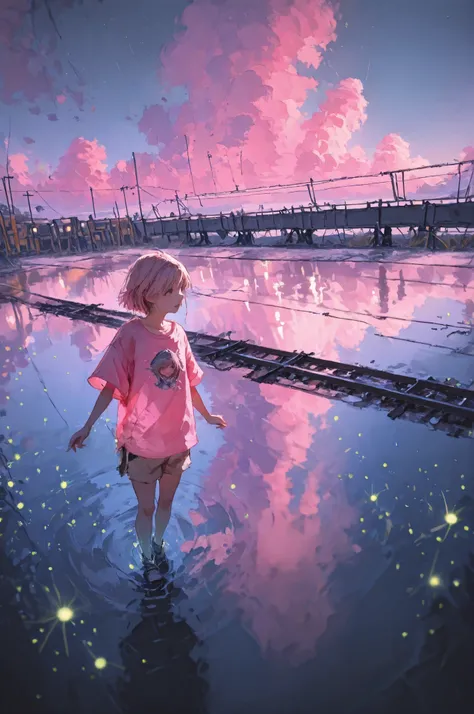 high-quality photo, ultra-detail, impeccable quality, young Chihiro in a pink T-shirt and shorts walks along the flooded rails next to the majestic Faceless, the reflection of the moon in calm water, railroad ties are barely visible under the water surface...
