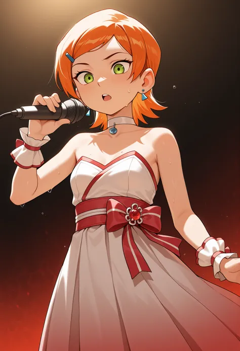 Gwen Tennyson . ginger . short hair . green eyes . small breasts, medium hips . chubby body . choker . | masterpiece, very aesthetic, absurdres, sinfully stylish, dramatic lighting, soft light, long shadows, detailed, ultra-detailed, masterpiece, very aest...