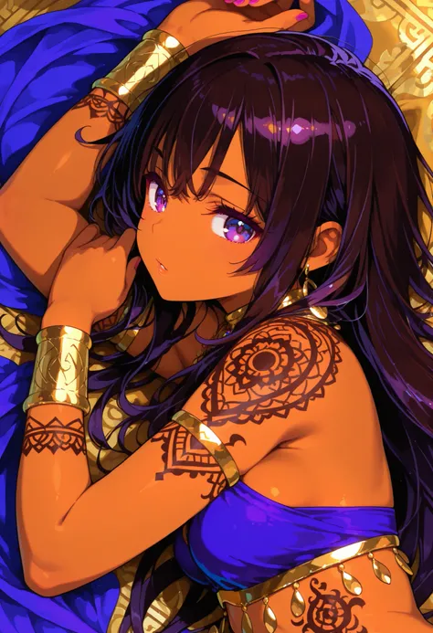1 female, youth, arabian, dark brown skin female, dark  black color hair, long hair, dark purple color eyes, temptation , provocative , ethnic patterns tattoo,full-body tattoo, dancer, lying,from side, saloon