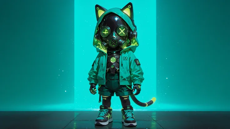 "Highly detailed 3D render of a chibi character, full body, standing, wearing a futuristic teal and neon green outfit. The character has large, glowing teal cat ears integrated into a hooded jacket. They wear a stylized gas mask with glowing neon green acc...