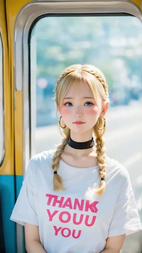  1 girl,  sexy girl,  braids,  cute  face, Nice,  cute, ,   face,  on the streetcar,  freckles,  blonde french braid, Very real  face,  without makeup,  expressionless,  stare at the camera, thank you for your slender, beautiful legs,  body, ,    innocent ...