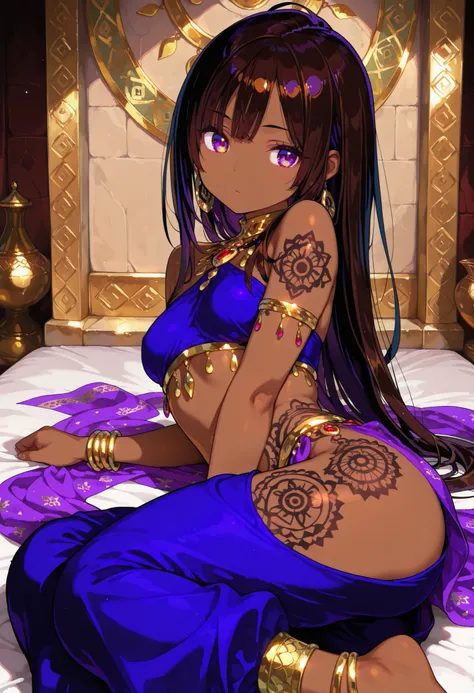 1 female, youth, arabian, dark brown skin female, dark  black color hair, long hair, dark purple color eyes, temptation , provocative , ethnic patterns tattoo,full-body tattoo, dancer, sitting,on side, saloon