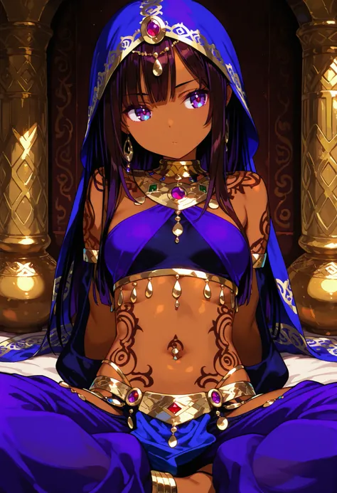 1 female, youth, arabian, dark brown skin female, dark  black color hair, long hair, dark purple color eyes, temptation , provocative , ethnic patterns tattoo,full-body tattoo, dancer, sitting, saloon